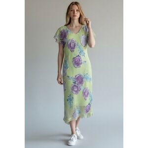 CDC Y2K Vintage Lime Green Purple Rose Floral Asymmetrical Midi Slip Dress Sz 8